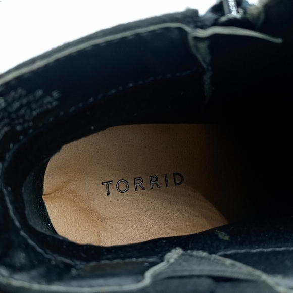Torrid Black Wood Block Heel Bootie with Buckle studs and strap accents zip up - Picture 8 of 11